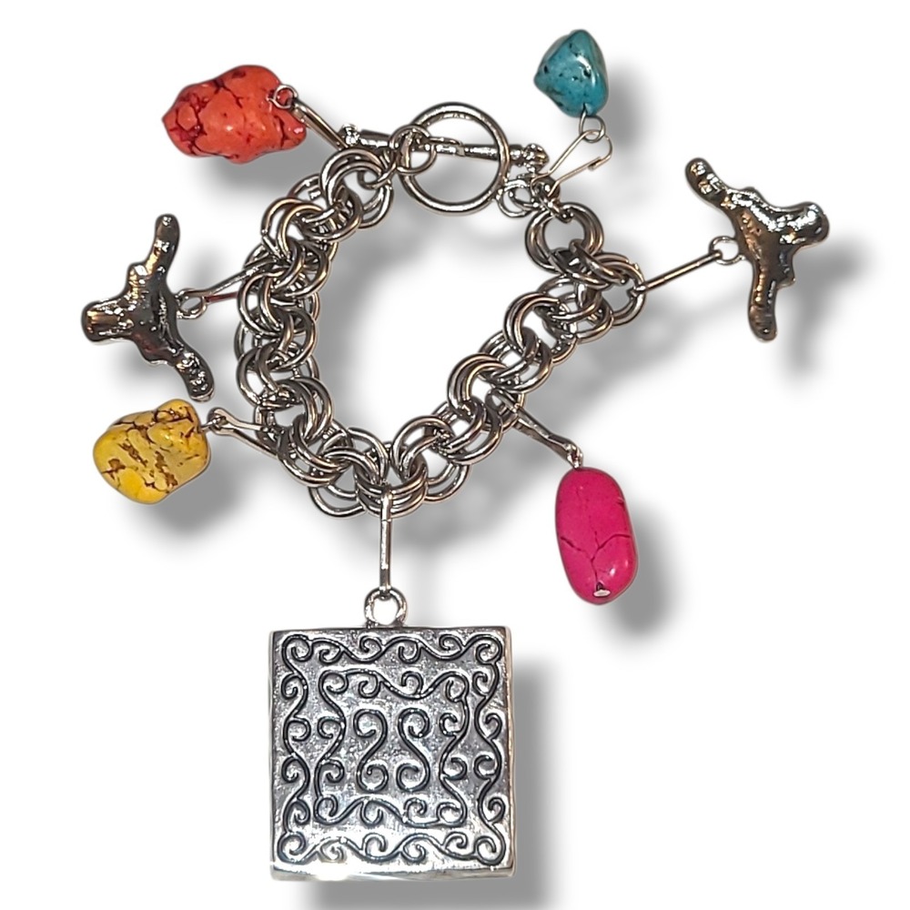 Western Silver Tone Chunky Charm Bracelet Longhorn Turquoise Coral Beads‎ 8" - Picture 3 of 3